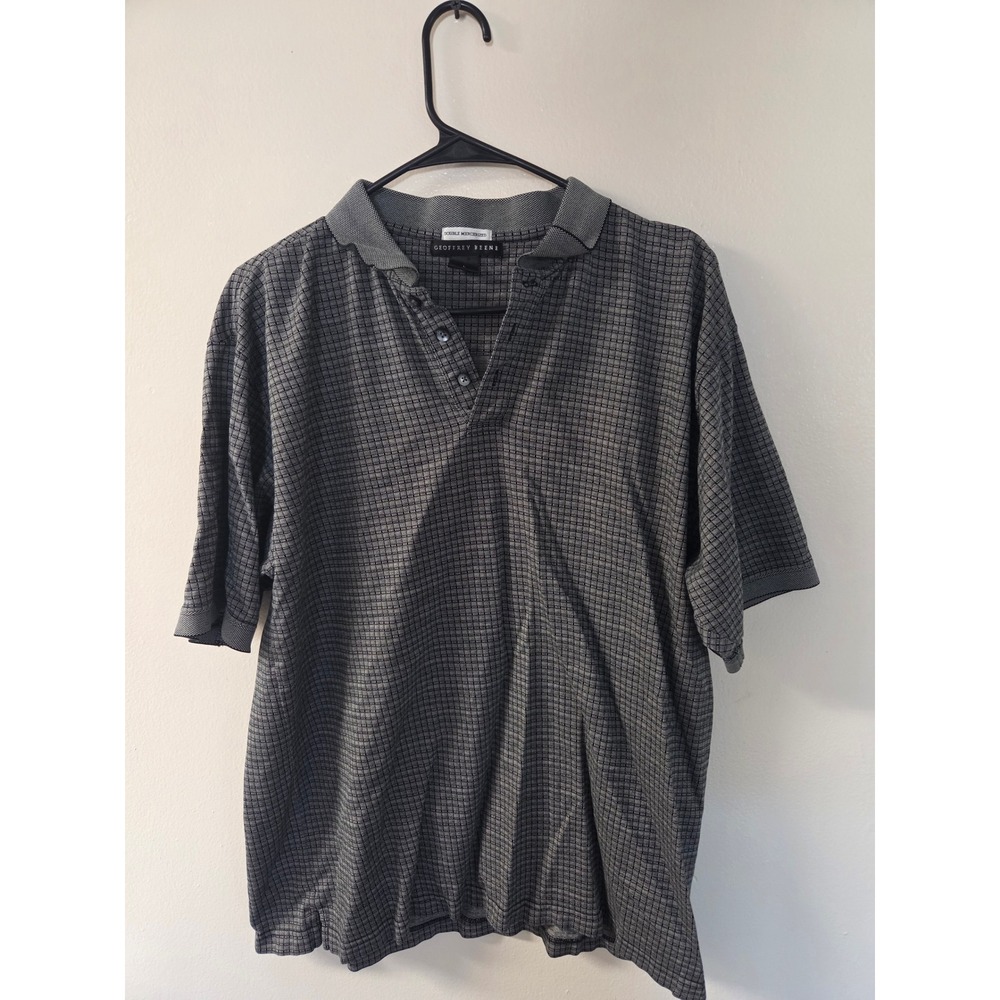 Geoffrey Beene Mens Polo Shirt Large Grey Black Check Double Mercerized Cotton L